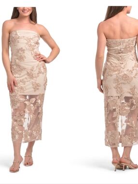 💛🔹️Camila Coelho 🔹️Strapless Mesh  Floral Chanpagne  Embroidered Midi Dress